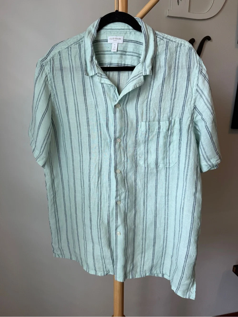 Club Room Textured Linen Shirt Men’s Size XL Aqua Striped Short Sleeve Button up